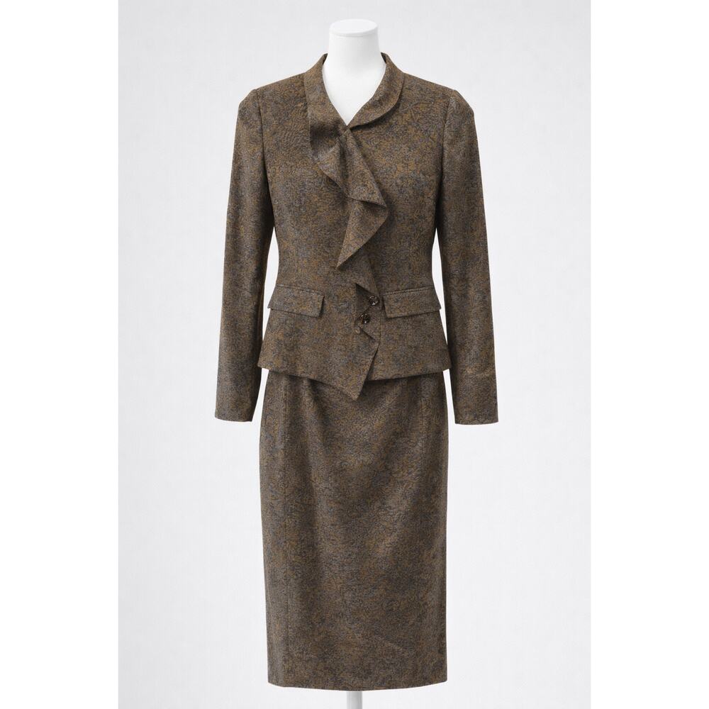 Escada Skirt Suit Womens 34 Brown Gold Ruffle Blazer Jacket Made Romania 2 Piece